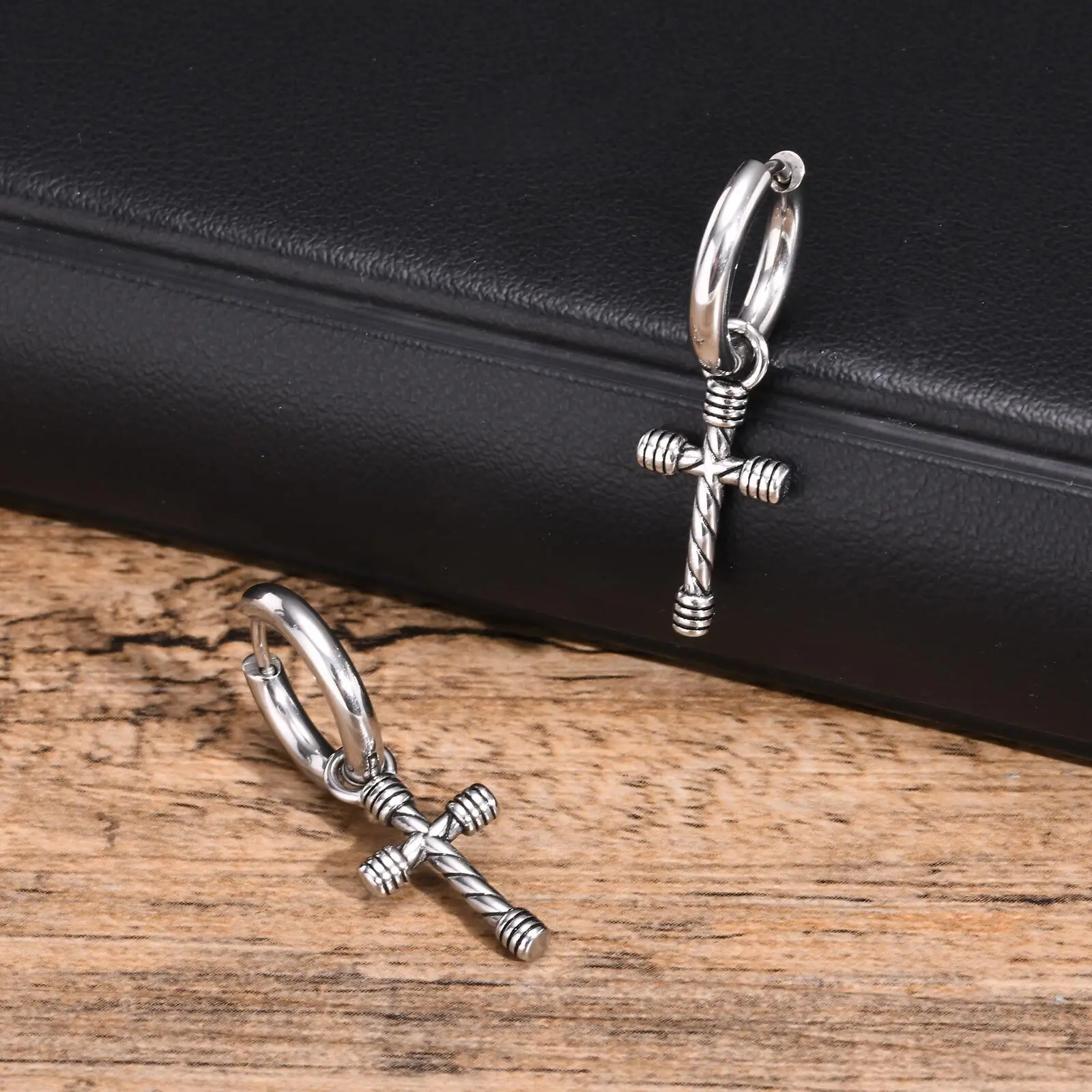 Waterproof Cross Earrings for Men Boys,Stainless Steel Dangle Hoop Earrings,Punk Hip Pop Jewelry Gift for Christmas Birthday