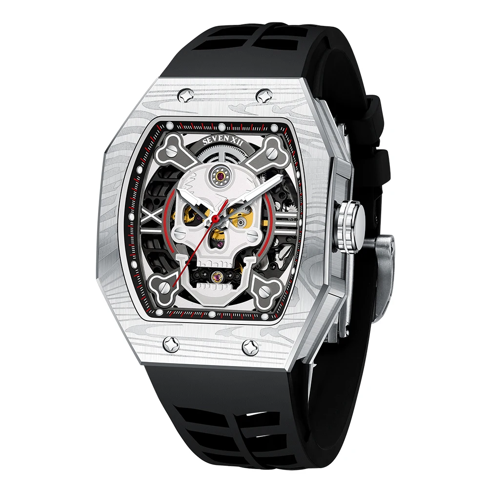 

SEVEN XII Mechanical automatic watch for men barrel shape skull skeleton dial 70 hours power reserve luminous sapphire S001