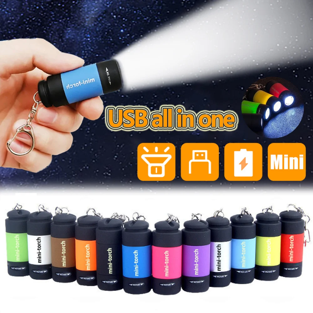 LED Flashlight Mini Keychain Pocket USB Rechargeable Strong Light Multifunctional Waterproof Outdoor Hiking Camping