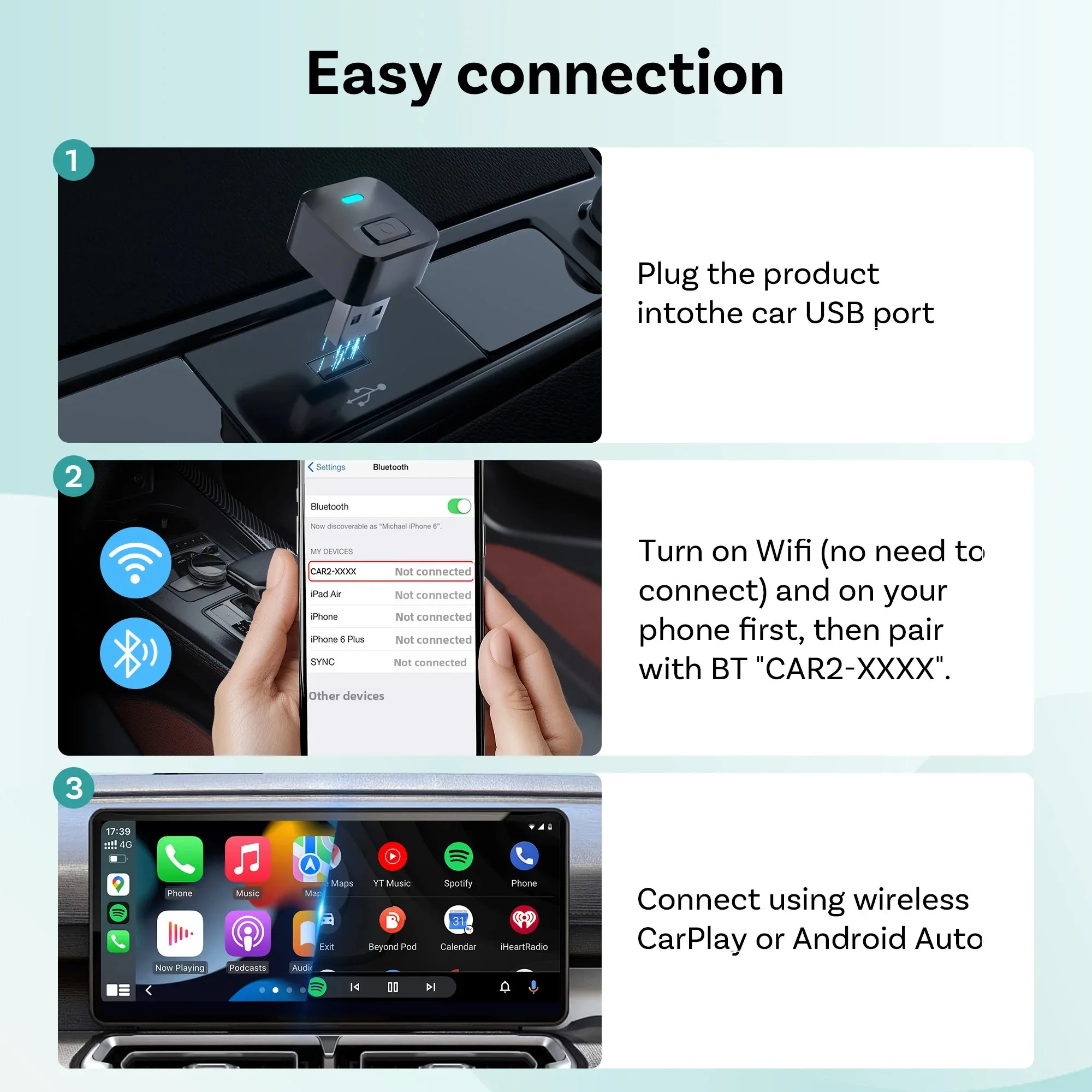 Adattatore Wireless CarPlay E Android Auto Ottocast Mini Tube | Plug & Play, Riconnessione Veloce, Per Auto Con CarPlay Cablato