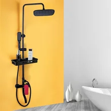 

Bathroom Shower Square Black Wall Mount Plastic Shower Head 3-Way Mixer Hand Faucet + Shelf Set