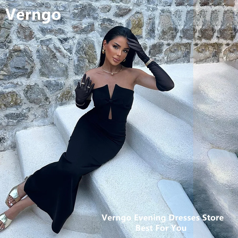 

Verngo Black Satin Party Dresss Sweetheart Formal Occaison Dress Simple Mermaid Prom Gowns With Gloves