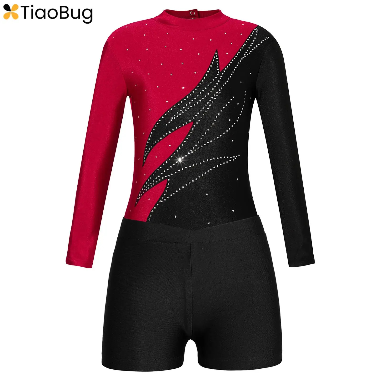 

Kids Girls Long Sleeve Rhinestones Color Block Ballet Dance Gymnastics Leotard with Short Sets Skating Performance Costume