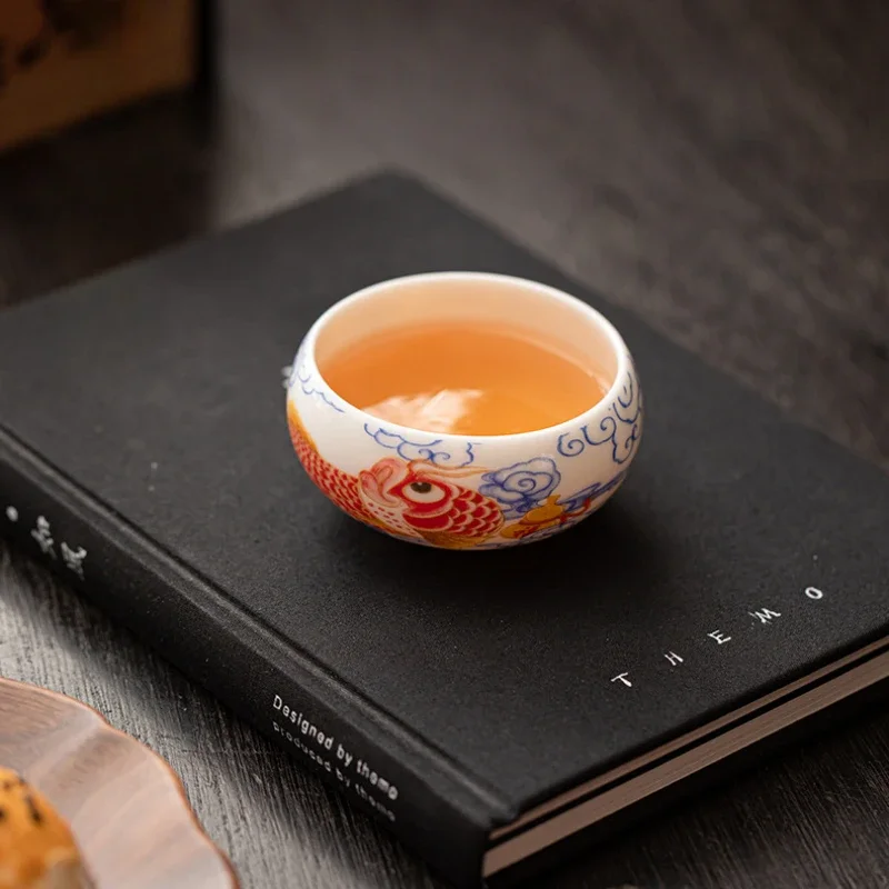 1pcs Chinese Style Fish Tea Cup White Ceramic Kung Fu Teacup Tea Set Household Small Cup Ceramic Teaware Gift New