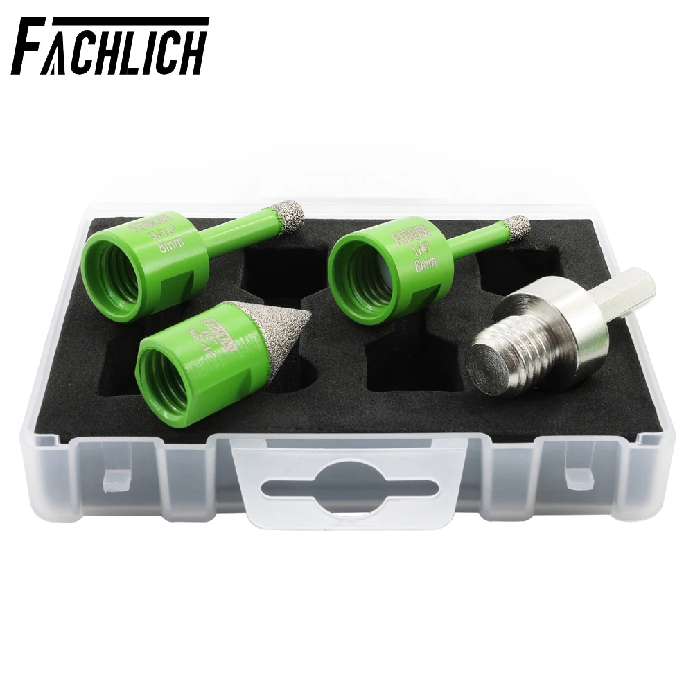 

FACHLICH 4pcs Diamond Drill Core Bits Kit 5/8"-11 20mm Diamond Chamfer 6mm+8mm Drilling Crowns+Hex Adapter Milling Tile Granite