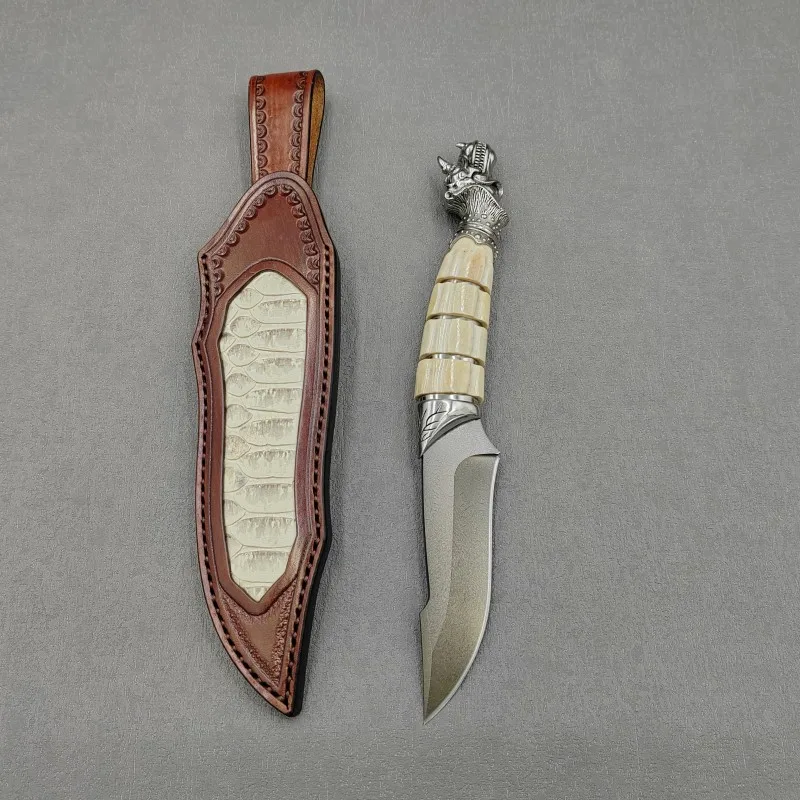 HandmadeHuntingUziSteelAntlersHandleFixedBladeKnifeWithSheathOutdoorSurvivalCamping