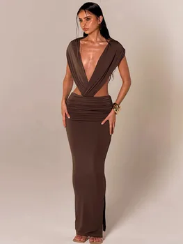 Sibybo Sexy Deep V-Neck Backless Women Maxi Dress Brown Sleeveless Ruched Slim High Waist Long Dress Elegant Evening Party Dress 1