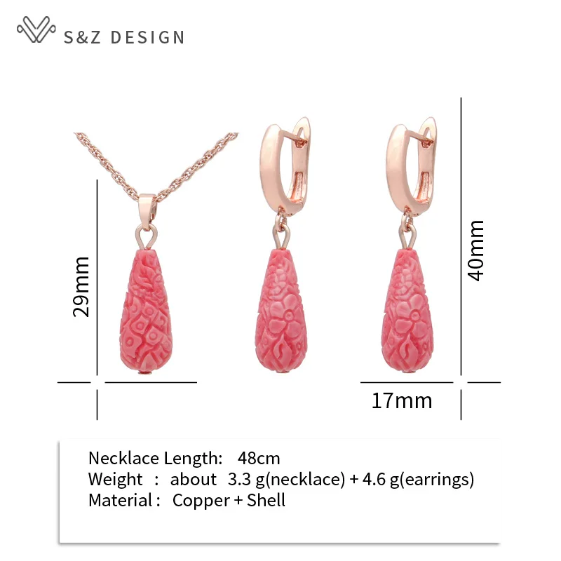 S&Z DESIGN New Fashion Water Drop Carve Flower Synthetic Shell Dangle Earrings Jewelry Sets For Women Wedding Necklace Gift