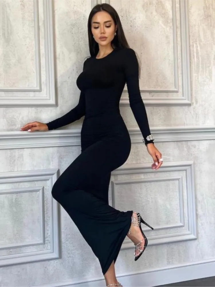 Fall Elegance Solid Color Slim Fit Slimming Waist Padded Shoulder Split Dress