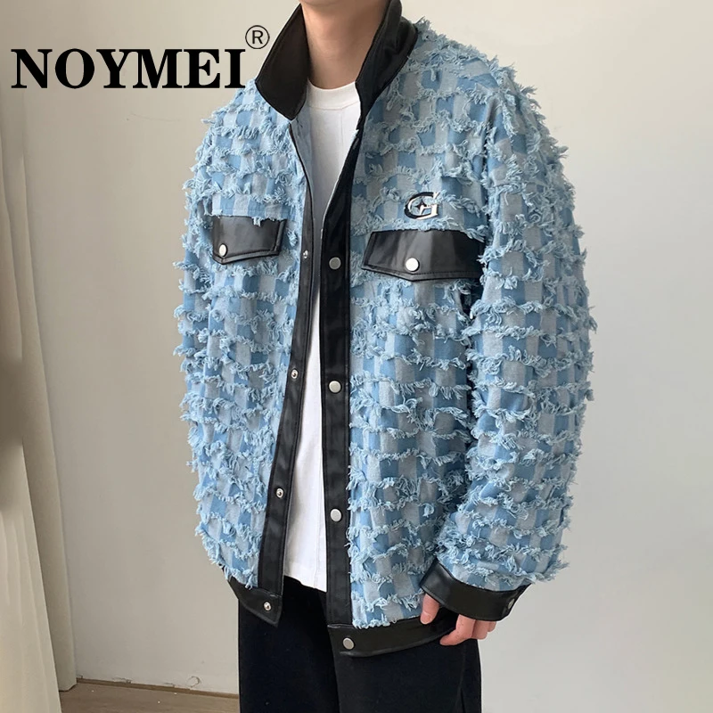 

Джинсовая куртка NOYMEI мужская с лацканами, модная однобортная свободная пальто из искусственной кожи в стиле пэчворк, с длинным рукавом, WA5324