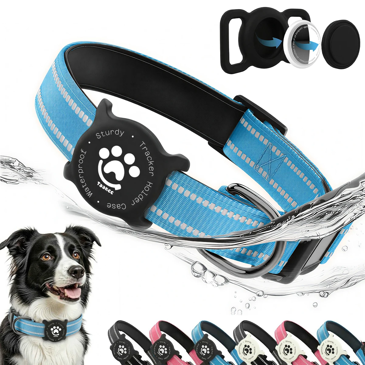 Taakcc Reflektierendes Hundehalsband mit Leuchtendem AirTag-Halter, Wasserdicht, Weich Gepolstert & Sicherheitsschnalle, AirTag-Tracker-Hülle für Halsbänder