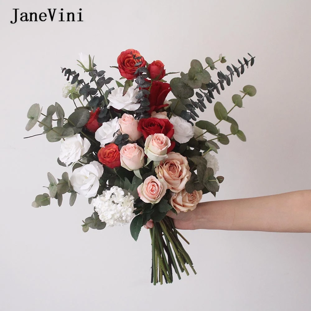 JaneVini Romantic Red White Roses Wedding Bouquet Charm Artificial Bride Holding Flowers Eucalyptus Bridal Bouquets Decoration