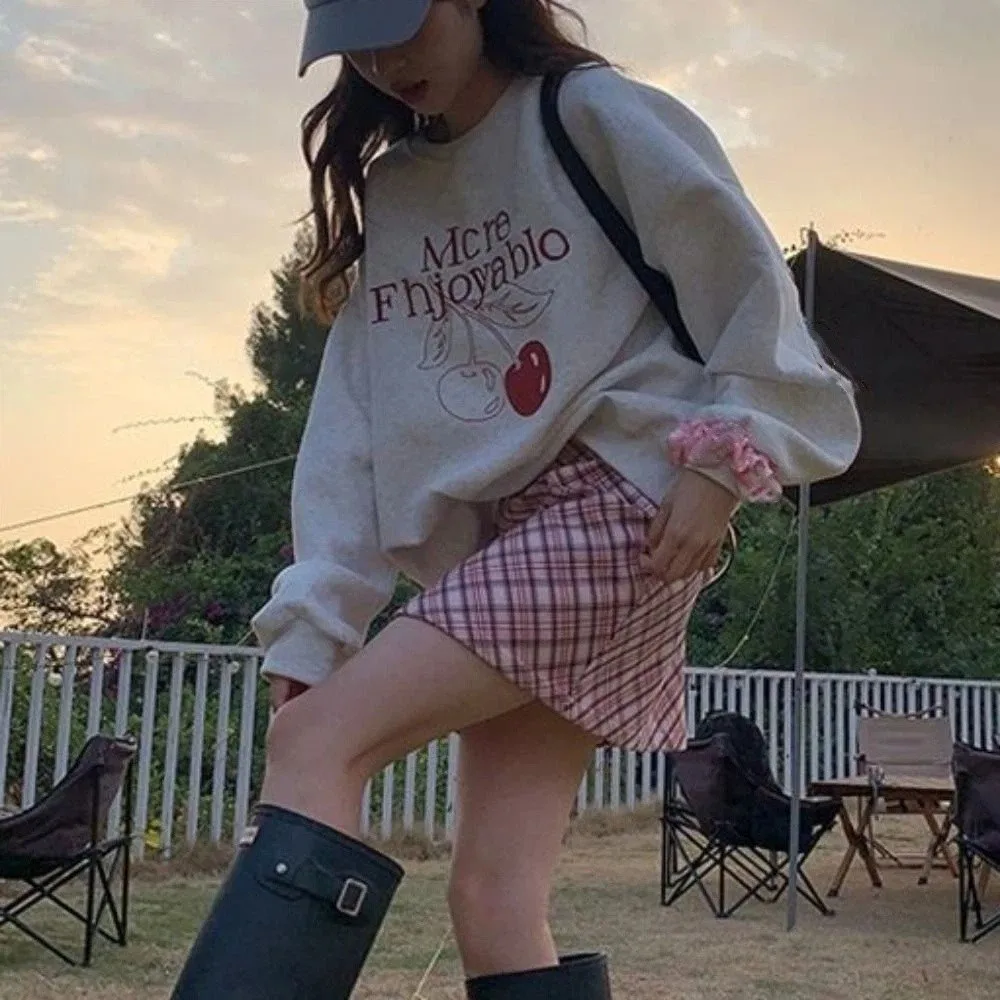 Printed Long Sleeve Fleece Top Sweet Cherry Loose Autumn Hoodie Top Girls Clothing Korean Ins Sweatshirts for Women Holiday