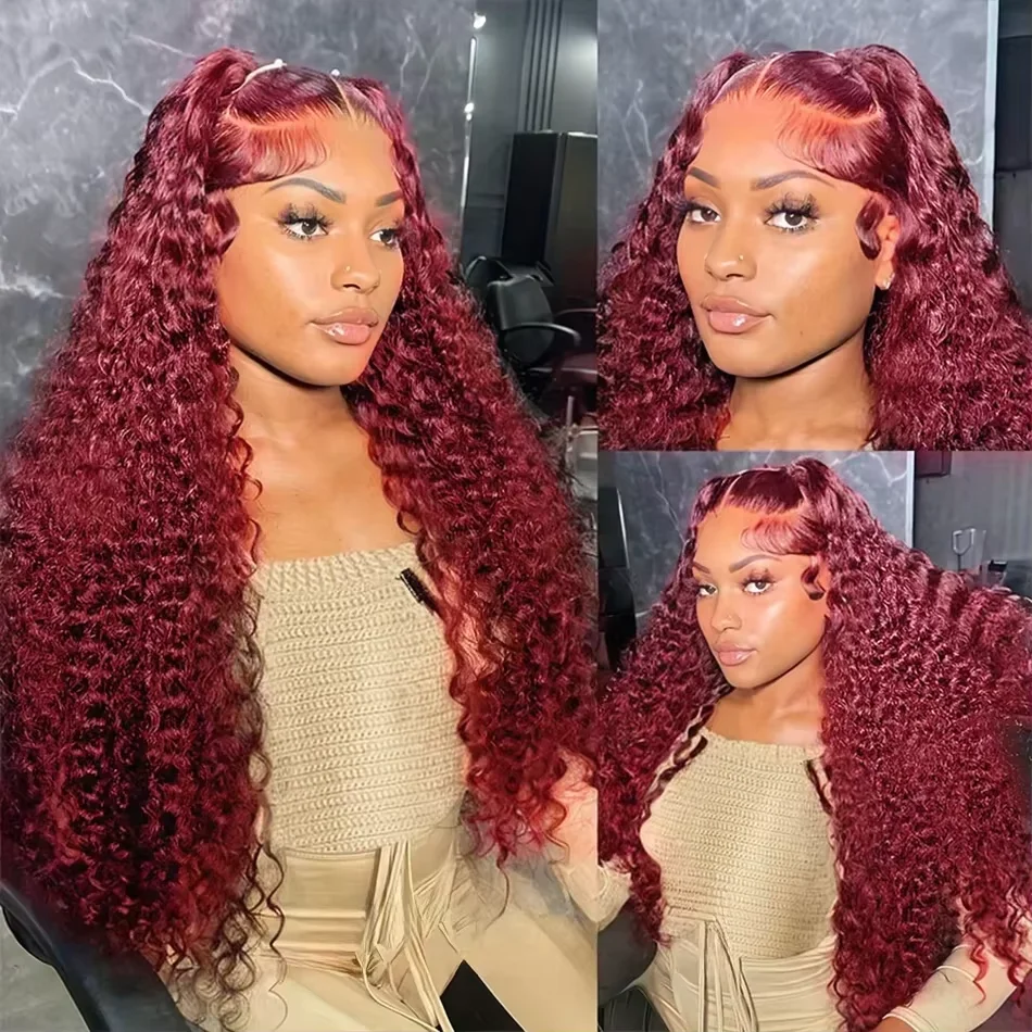 220 Density 99J Burgundy 13x6 HD Lace Front Wigs Human Hair Red Colored Deep Wave Transparent Preplucked 13x4 Lace Front Wig