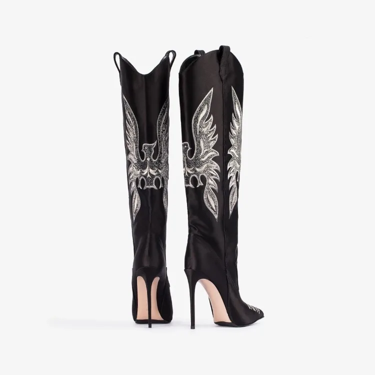 Merendy tall black embroidered boots — rear pair view