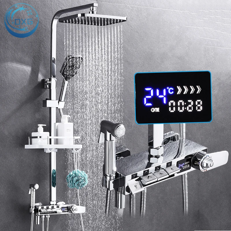 Bathroom Shower Faucet Set OXG Brass Thermostatic Digital Display Black Rain Shower Column Wall Mount