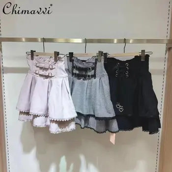 나비 브레이드 버클 가죽 링 하이웨이스트 스커트 반바지 여성, 일본 광산 스타일, 스위트 핑크 레이스 플리츠 스커트, 2023 여름