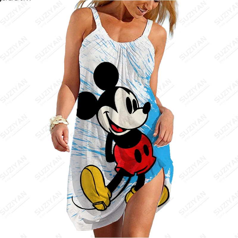 

New Fashion Summer Women's Dress Disney Mickey Mouse 3D Print Beach Dress Casual Strap U Neck Short Sleeve Hawaiian A-line Dress