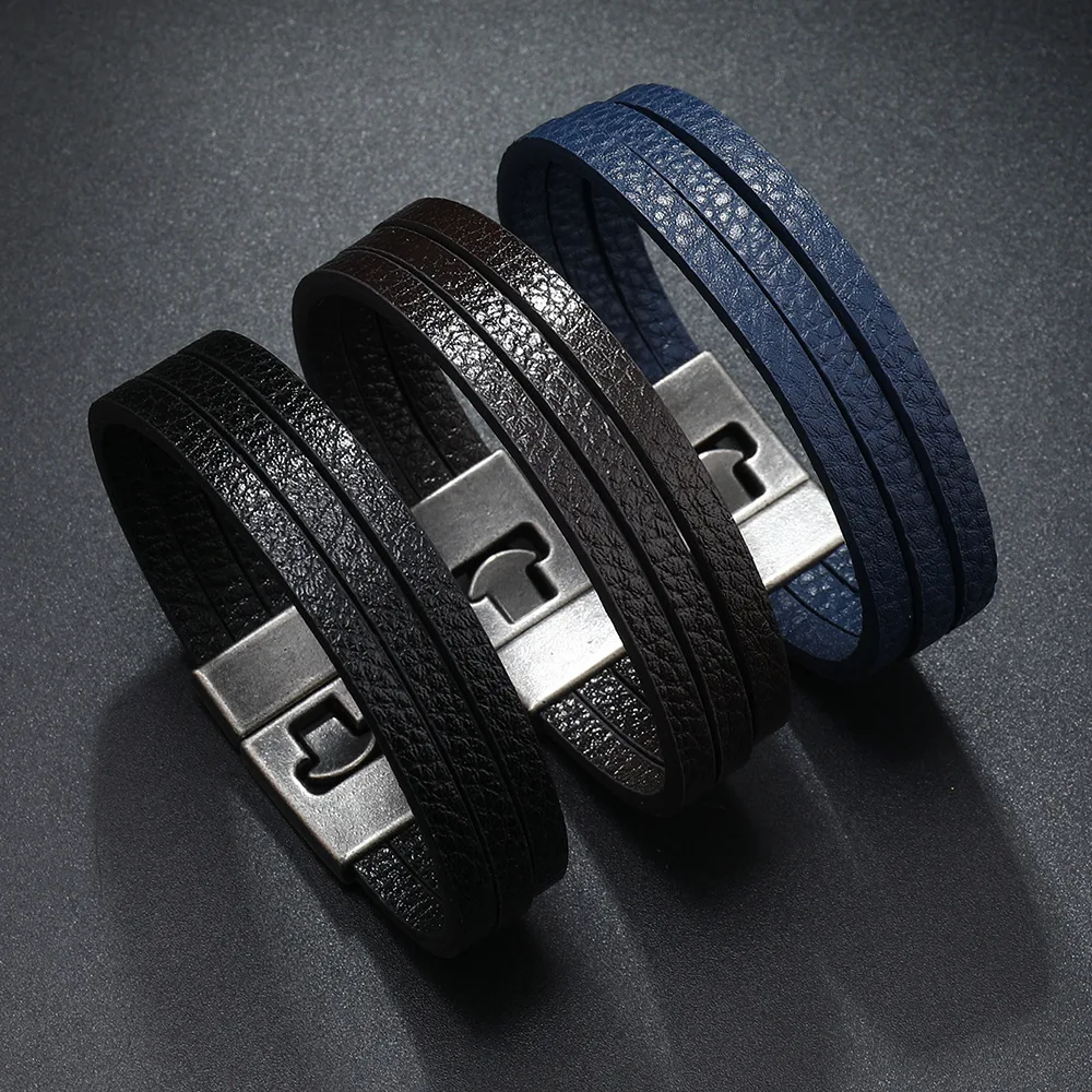 Leather Men Bracelet 3 Layers Hiphop Rock Style