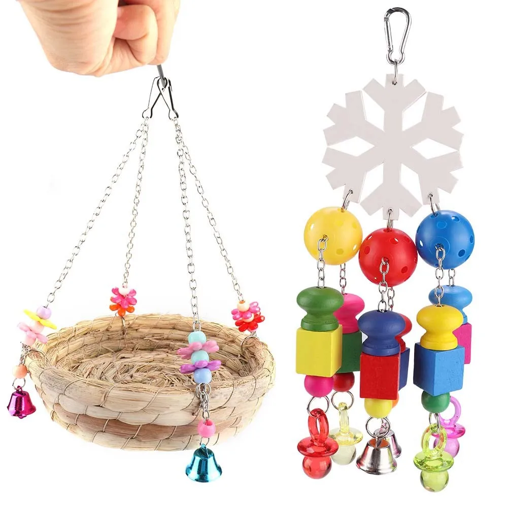 

Parrot Bird Small Pet Toy Grass Weaving Vine Weaving Bird Nest Biting Swing Stand Bird Cage Accessories Hanging Basket