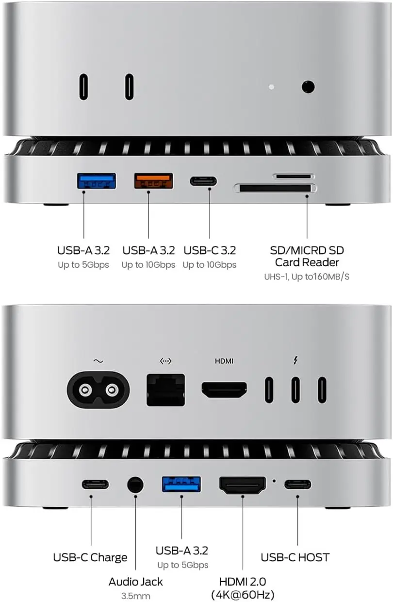 Mac Mini M4 Dock, USB C 허브 알루미늄 Mac Mini 스탠드 및 Mac Mini M4 및 M4 Pro 2024용 HDMI 허브(M.2 NVMe/SATA SSD 인클로저 포함)