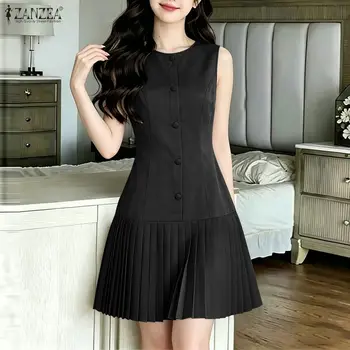 2026 ZANZEA Women Summer Dress Elegant Office Lady Sleeveless Sundress Stylish A Line Pleated Dresses Solid OL Knee Length Robe 1