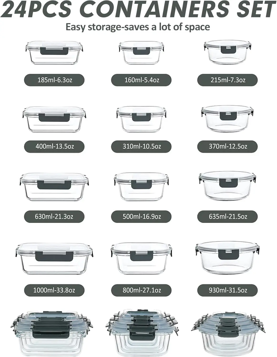 24 Pieces Glass Food Storage Containers Set, Airtight Glass Lunch Containers, Glass Meal Prep Containers with Lids,Exclusive 3