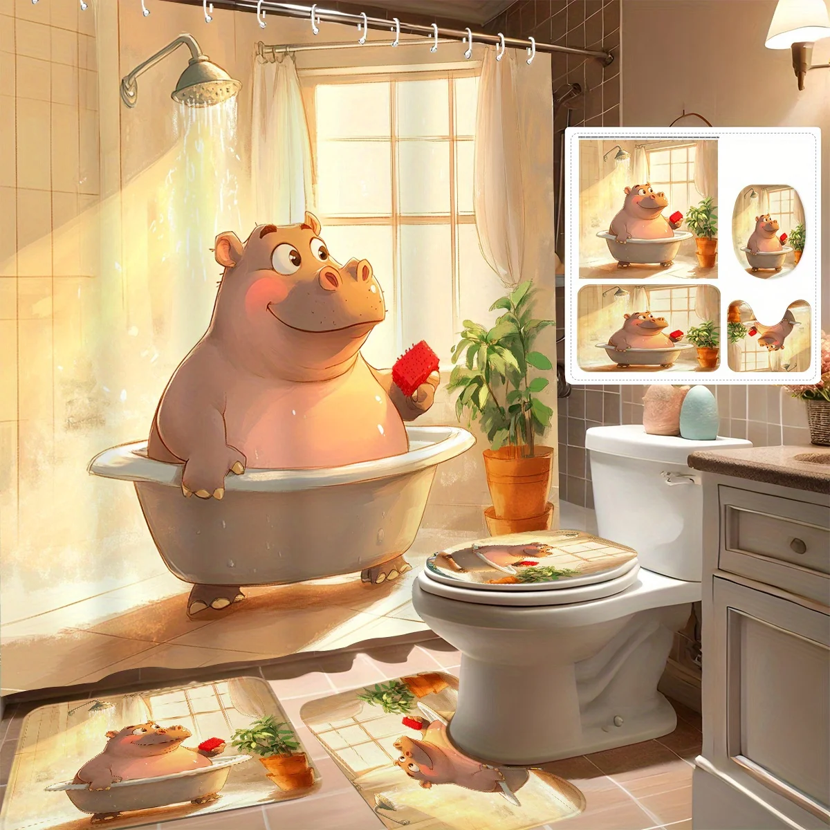 ชุดผ้าม่านอาบน้ำ 4 ชิ้น ลายฮิปโปน่ารัก ตกแต่งห้องน้ำสไตล์โมเดิร์น พร้อมตะขอ 12 อัน แผ่นรองอาบน้ำกันลื่น รูปทรงตัวยู 1
