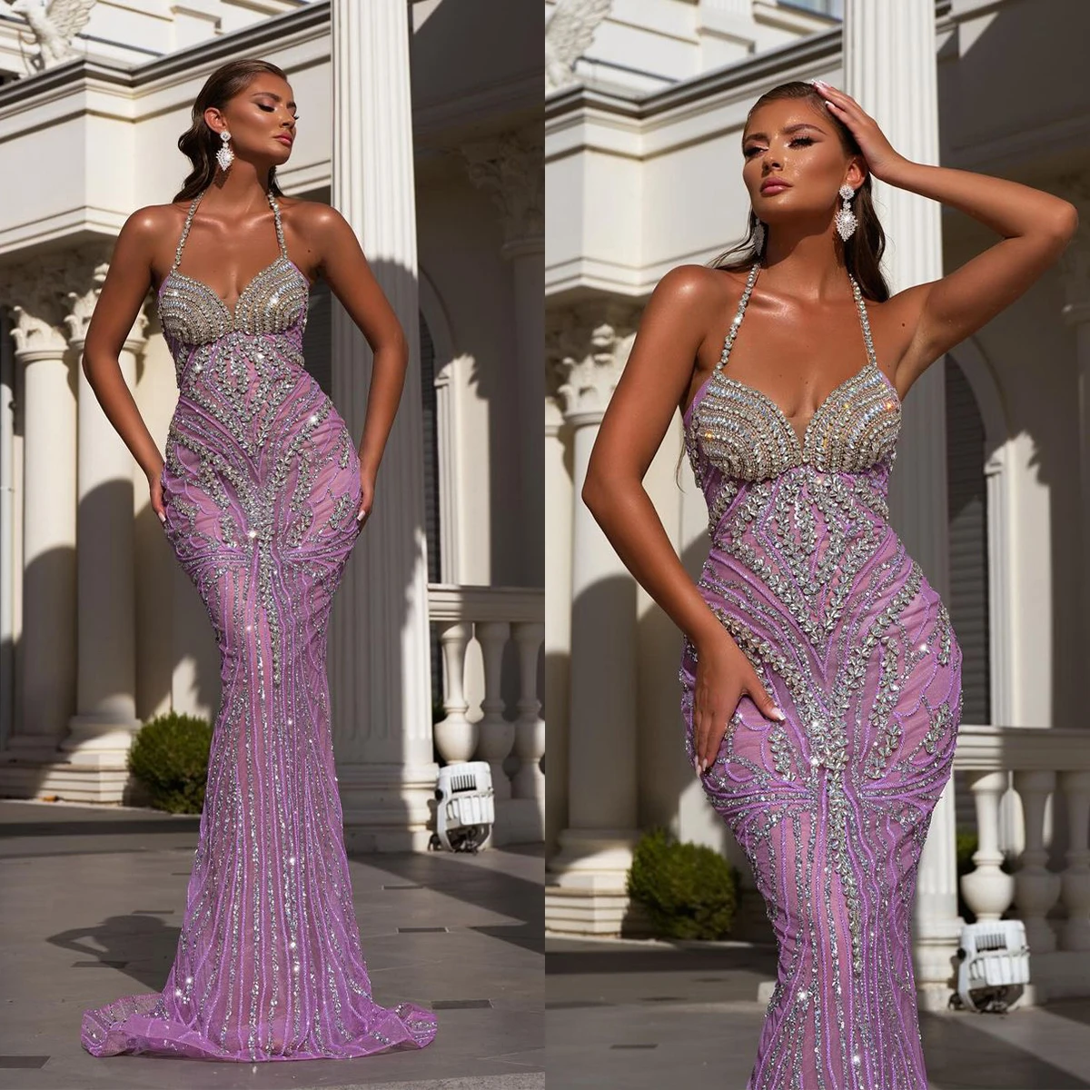 

Crystal Halter Mermaid Evening Dresses Sexy Sleeveless Beading Prom Dress Glitter Floor Length Formal Party Gowns