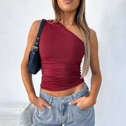 CUTENOVA Solid Color One Shoulder Backless Shrink Tank Top T-Shirt Candy Color Tight Sexy Sleeveless Neckless Slim Casaul Top