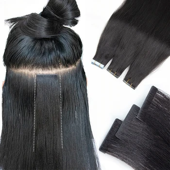 Invisible Tape In Human Hair Extensions Light Yaki Straight Injected Tape ins Remy Natural Black 12-24inch 20PCS