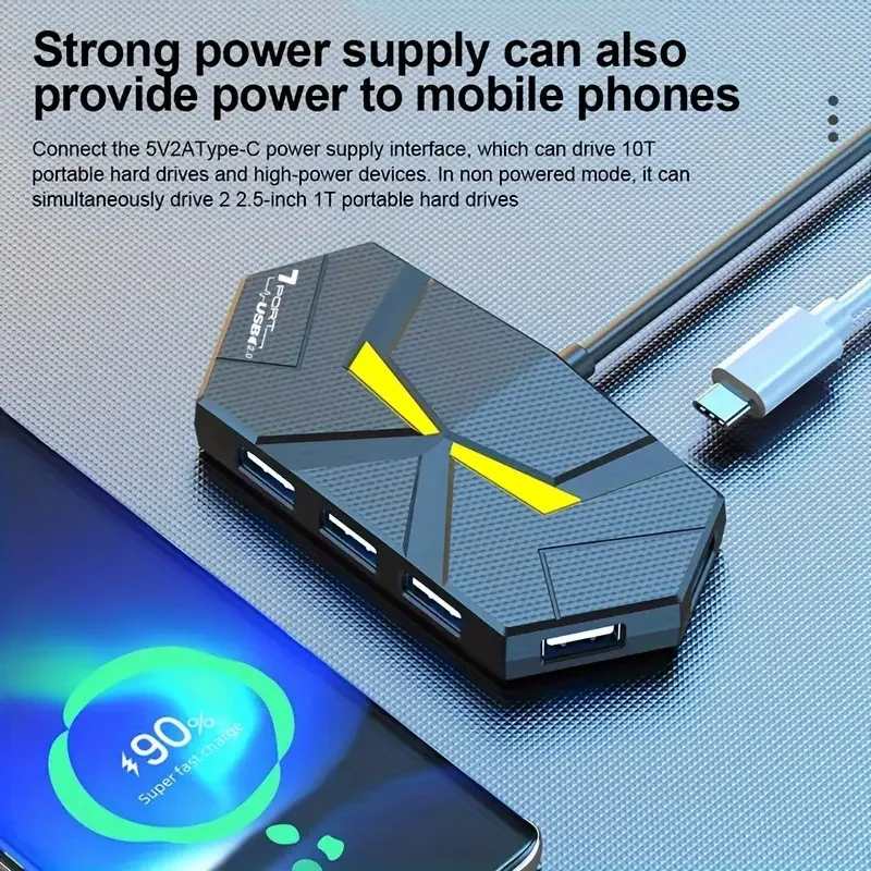 4-Port/7-Port USB Hub with Colorful Light Type-C Port for Laptops, Keyboards, Mice, U Disk & Hard Drive Expansion USB Hub