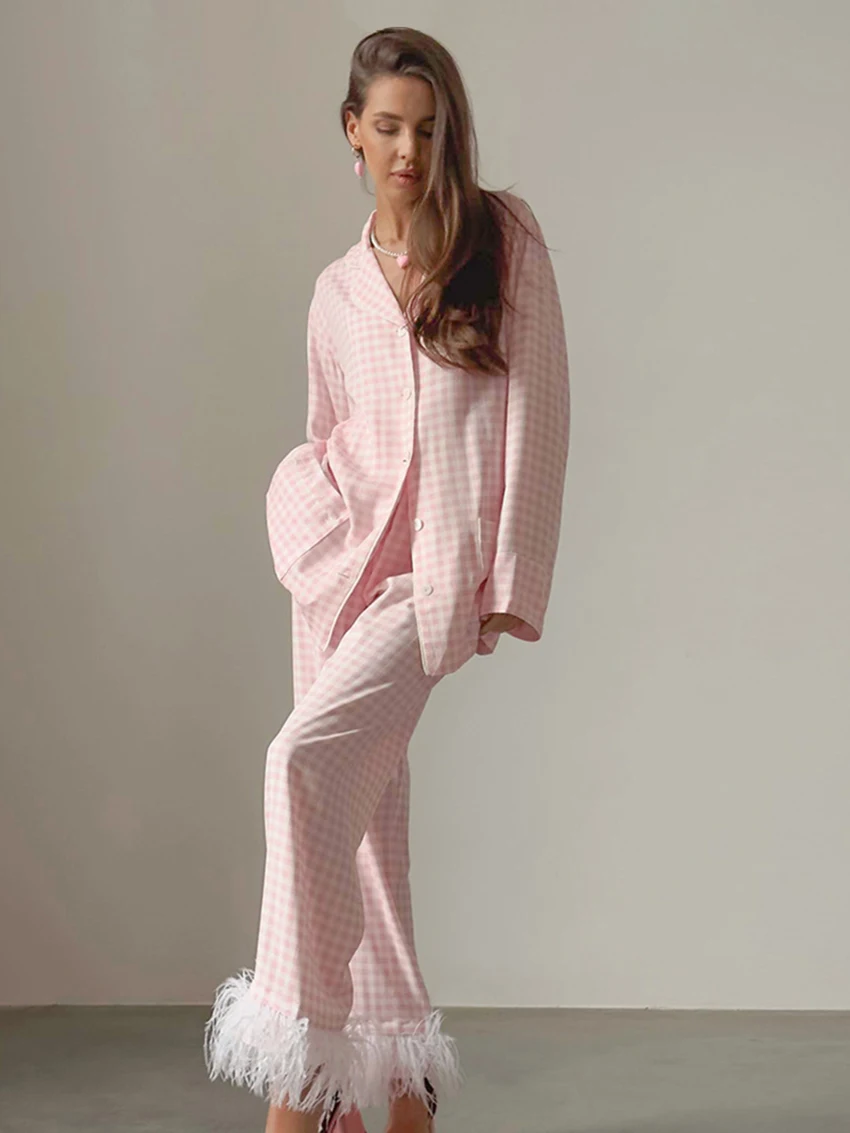 

Marthaqiqi Feathers Patchwork Ladies Pajama Set Long Sleeve Sleepwear Turn-Down Collar Nightwear Pants Causal Femme Nightie Suit