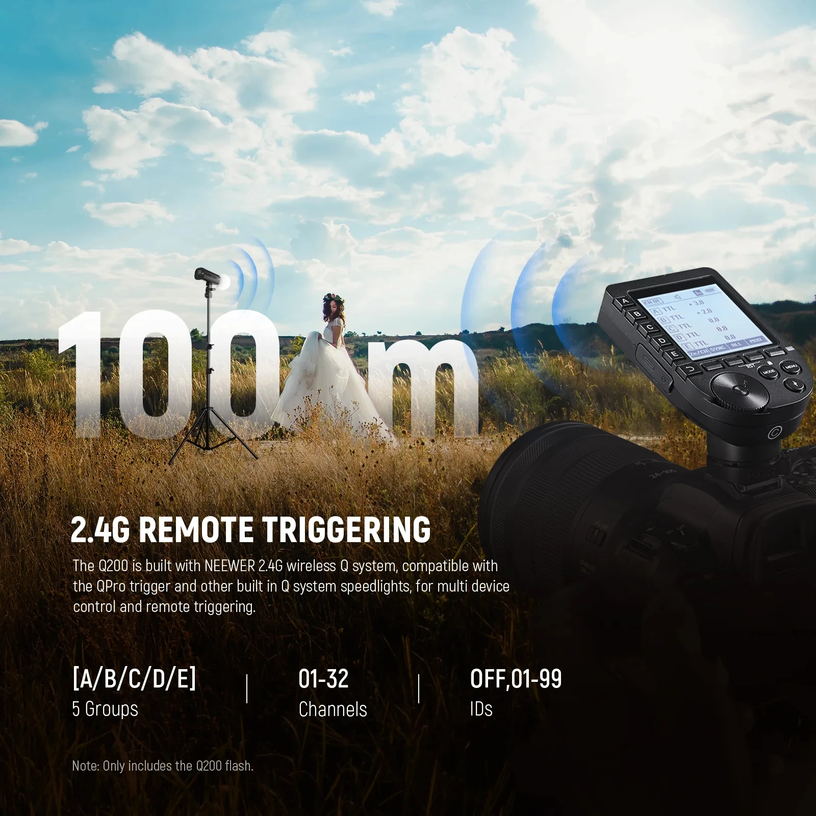 NEEWER Q200 200Ws 2.4G 야외 무선 TTL 플래시 (앱 컨트롤 지원) 1/8000 HSS 3200mAh 스트로보 플래시 (니콘, 캐논, 카메라용)