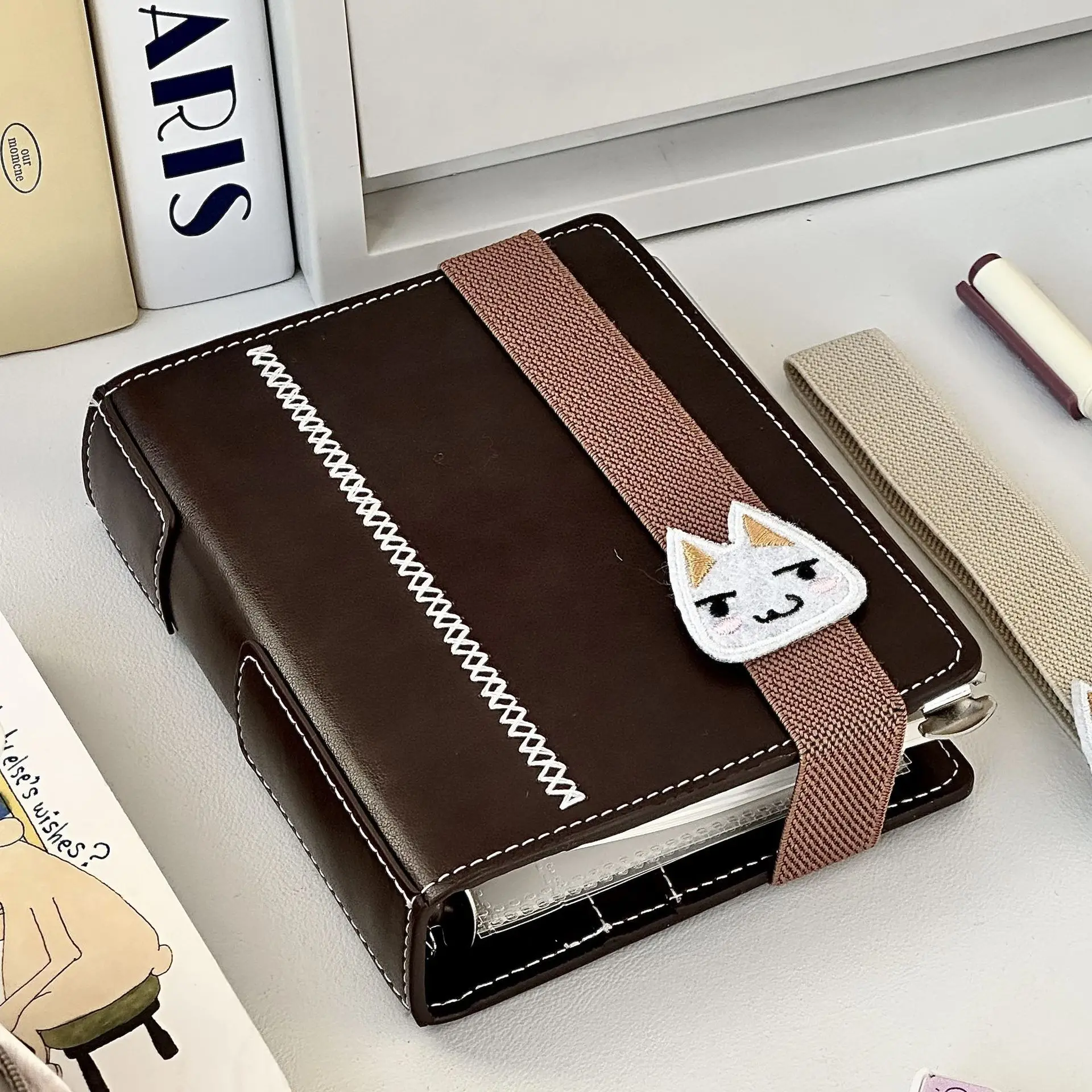 2 binders A7 notebook detachable loose-leaf dark brown notepad portable faux leather schedule planner，whith 80 pages 2