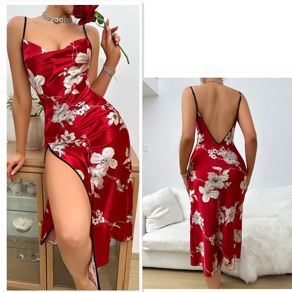 Luxury Brand Silk Nightgowns Women Sexy Sleepwear Floral Printed Loungewear Pajamas Summer Nightwear Women Clothing Backless
