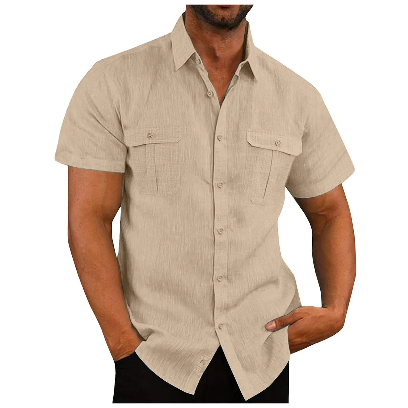 

2023 Summer Men‘s Shirts Linen Short Sleeve Casual Shirts Lapel Collar Loose Top Men Clothing Business Formal Wear