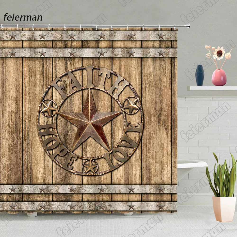 Rustic Texas Stars Western Tenda Da Doccia Set Vintage Tavola Di Legno Barn Door Tessuto Tende Da Bagno Per La Decorazione Del Bagno Marrone Scuro