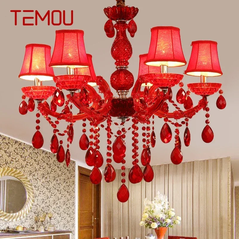 

TEMOU European Style Crystal Pendent Lamp Red Candle Lamp Luxurious Living Room Restaurant Bedroom Villaex Building Chandelier