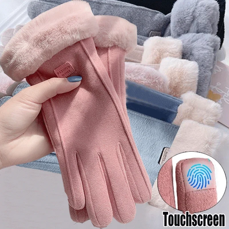New Women Autumn Winter Keep Warm Touchscreen Thin Cashmere Solid Simple Gloves Outdoor Sport Cotton Suede Gloves