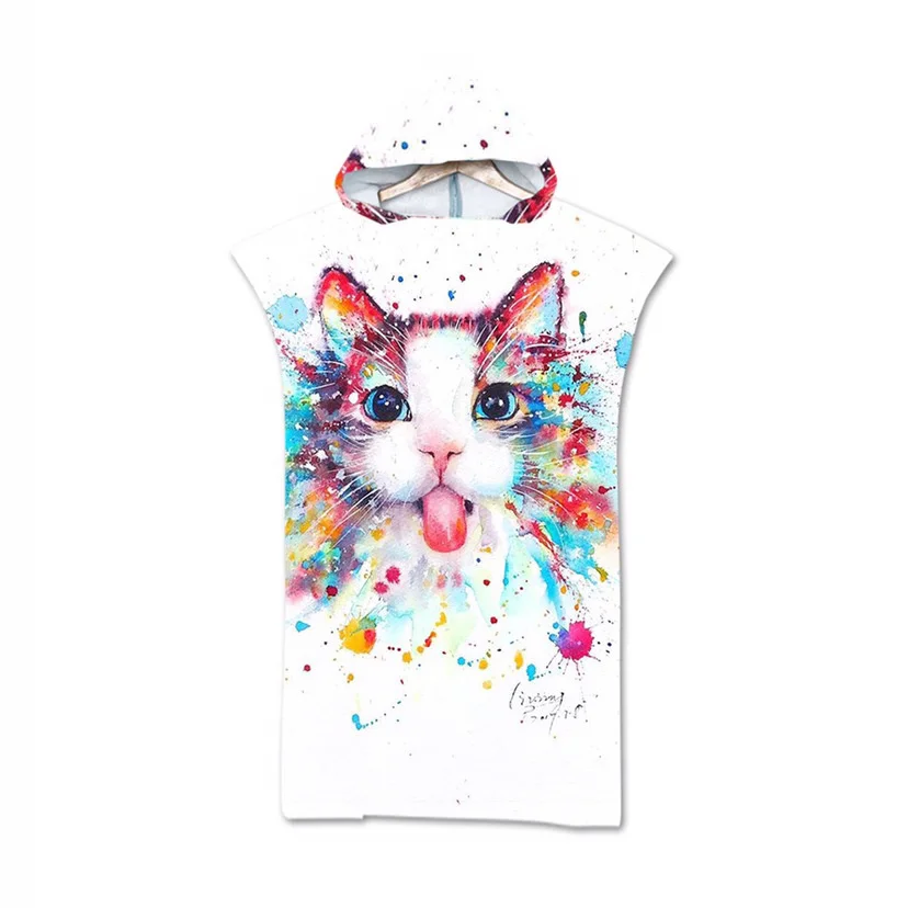 

Большое пляжное банное полотенце с милым котом, Быстросохнущий плащ с капюшоном из микрофибры, гидрокостюм для взрослых, детей, родителей, детей, пончо-черепаха, банный халат для плавания