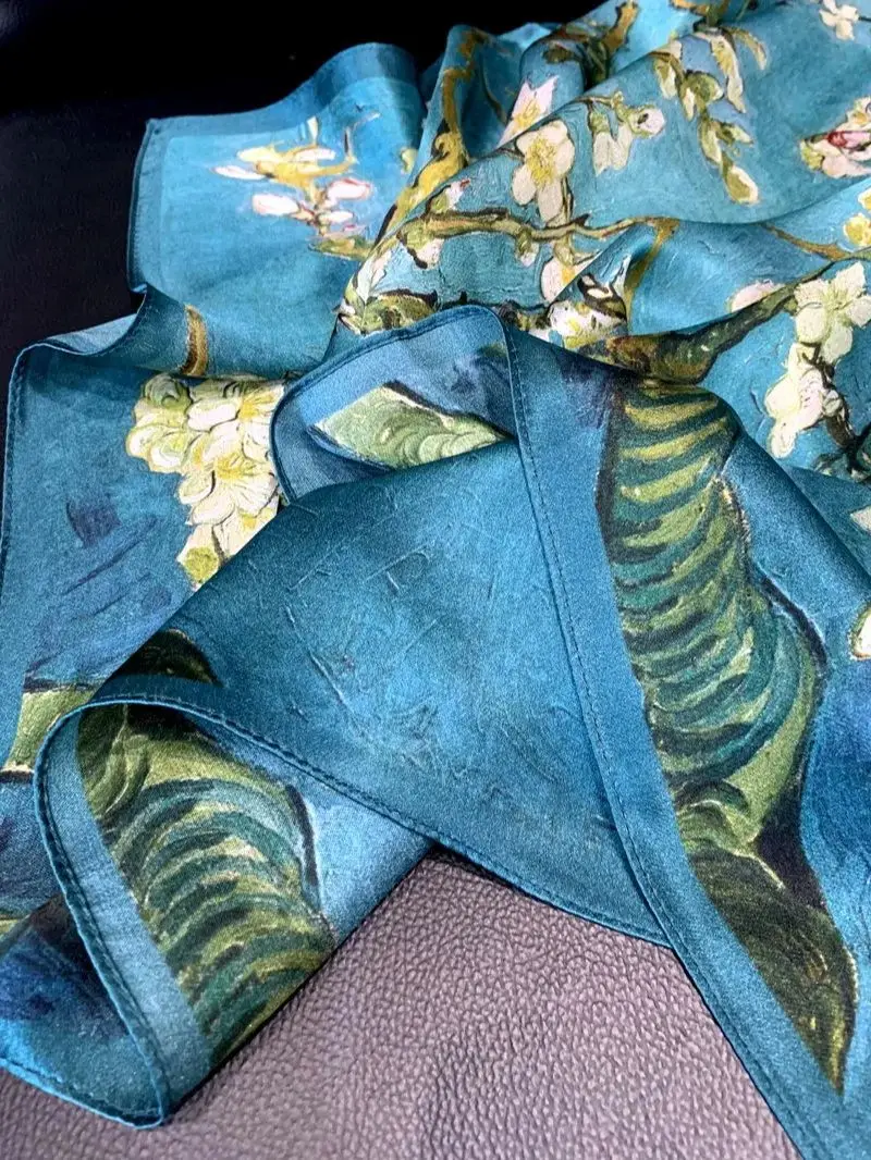 100% Natural Silk Scarf for Women Van Gogh Oil Painting Bandana Gifts for Ladies Spring Apricot Tree Digital Print Shawl Foulard 4