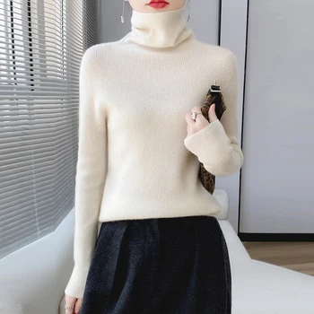 100% 메리노 캐시미어 스웨터 여성용, 하이넥 긴팔 풀오버, 따뜻한 슬림 풀오버 상의, 가을 및 겨울