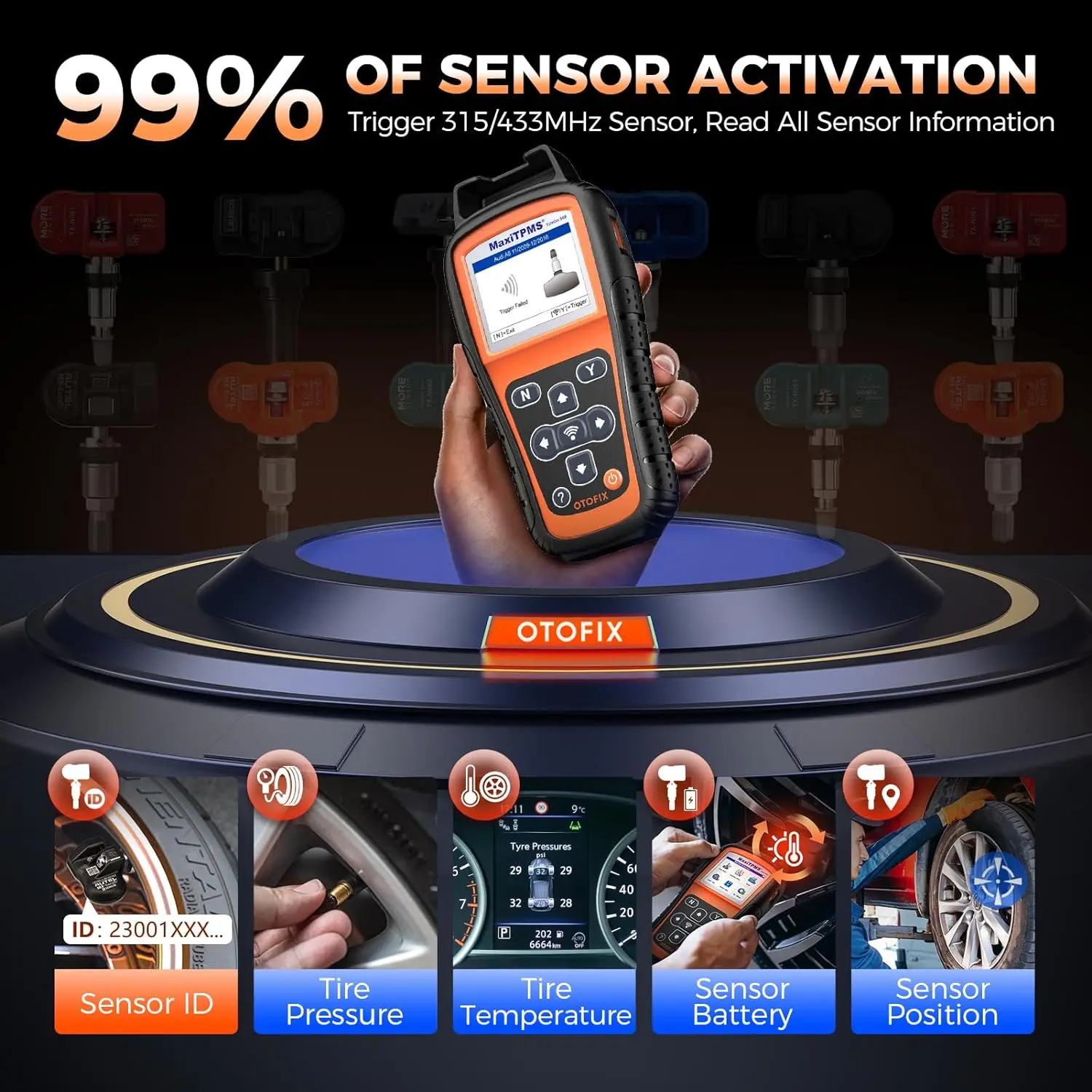 OTOFIX TireGo 808 TPMS 프로그래밍 도구, TPMS 재학습 도구, 모든 센서 프로그램 활성화, MX-센서 315, 433MHz 타이어 압력 모니터