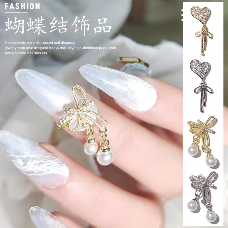 2pcs Gold/silver Sparkle Nail Zircon Jewelry Charms Dangle Design Heart