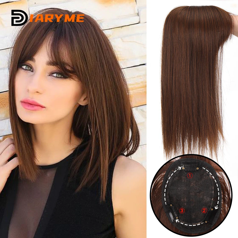 Synthetic Replacement Wig With Bangs Top Hair Pieces Half Head Cover White Hair Straight Natural Invisible Replacement Fake Hair