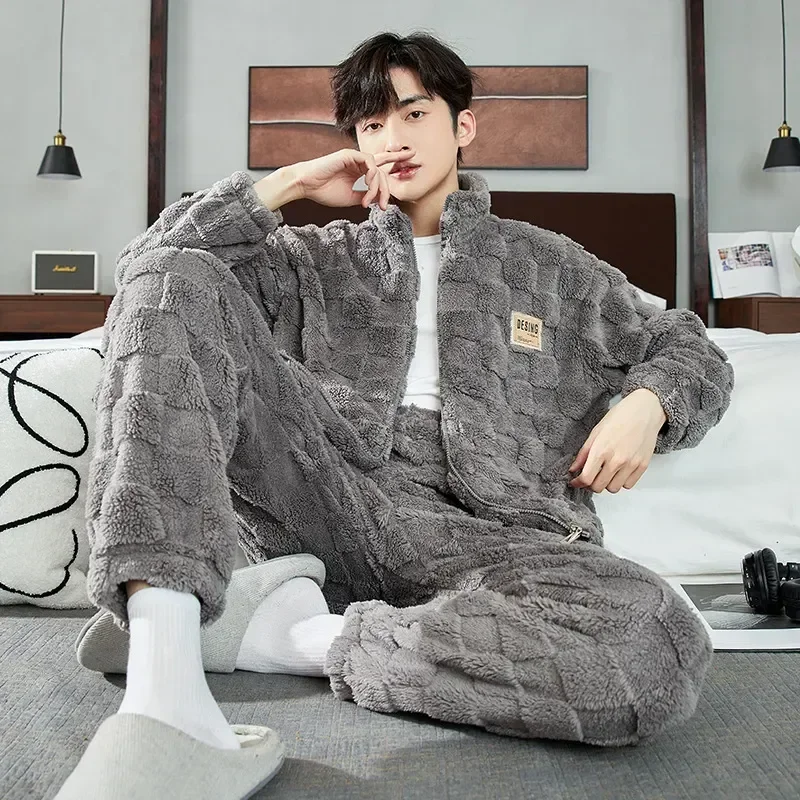 

Flannel Pajamas Long-sleeved Trousers Sleepwear Pyjamas Set Loose Thicken Two-piece Autumn Comfortable Man Men Winter Suit Warm