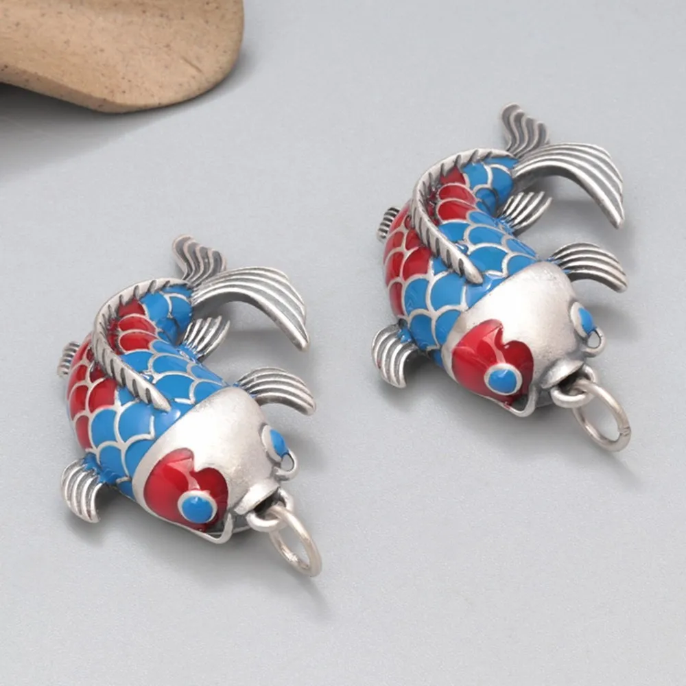 

1PCS Real Pure S990 Sterling Silver Hollow Enamel Red Blue Koi Fish Pendant 9-10g