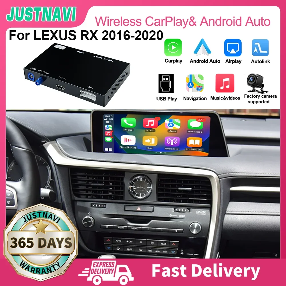 JUSTNAVI 무선 애플 카플레이 안드로이드 자동 스마트 AI 박스, 렉서스 RX 2016 2017 2018 2020 미러 링크 HDMI 기능