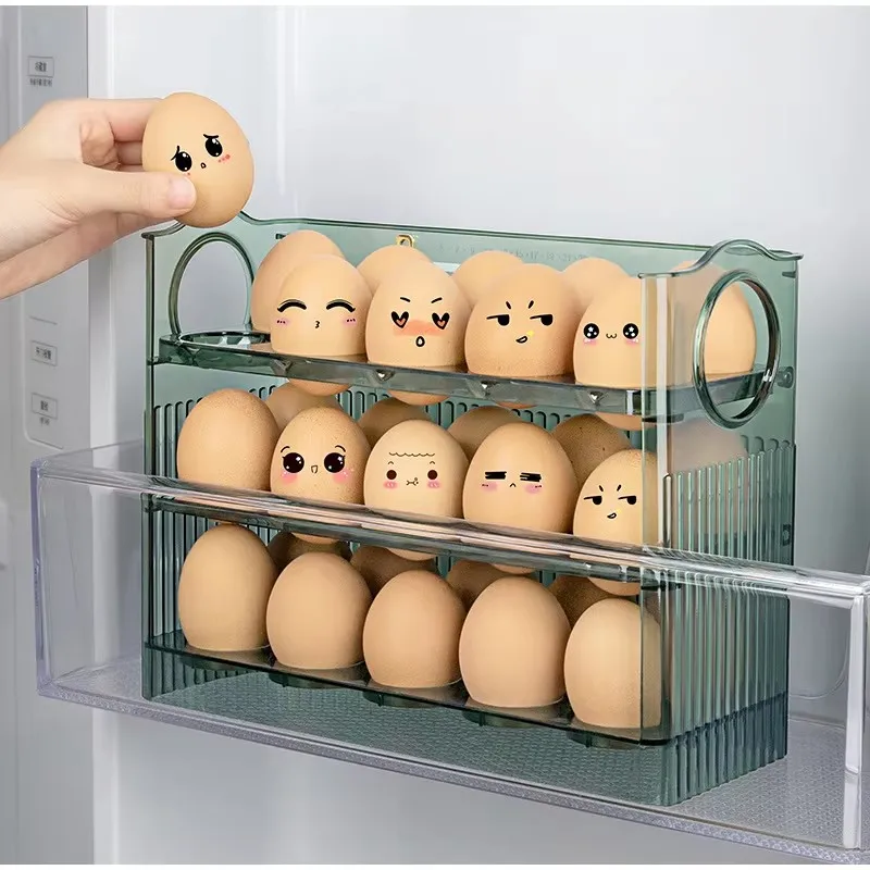 1pc Egg Holder Refrigerator 3 Layer Auto Flip Egg Storage Box For Refrigerator Side Door 30 Count Large Capacity Clear Egg Box 3